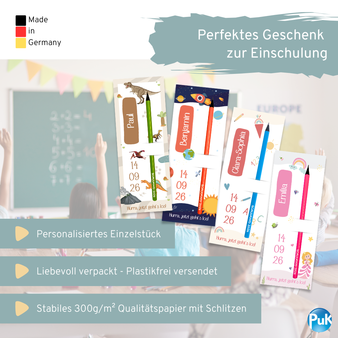 Bleistift "Schulkind 2026" mit personalisierter Karte