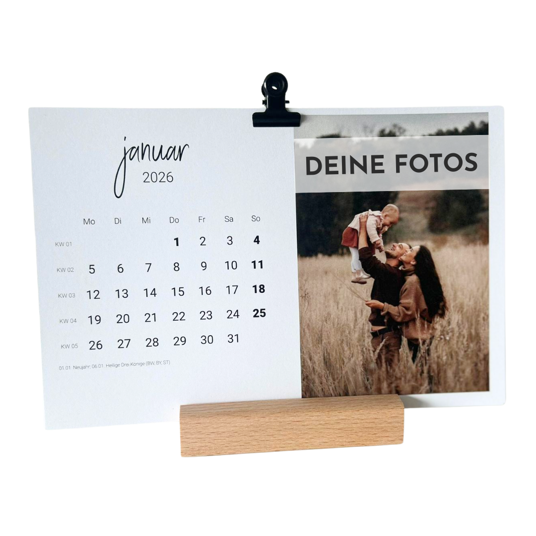 Personalisierter Fotokalender 2026 mit Holzfuß | Design 01